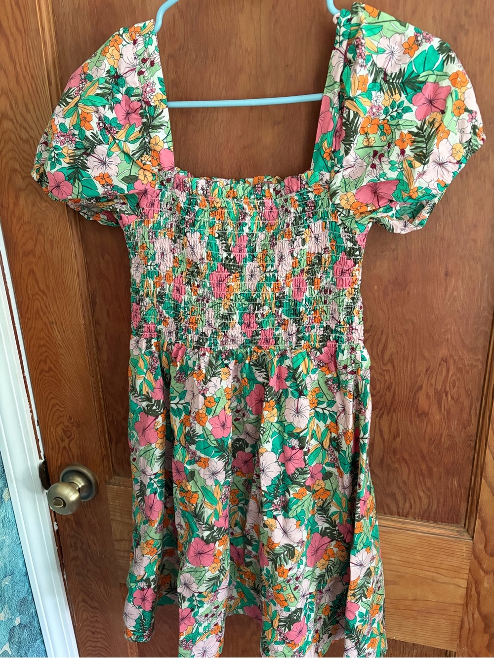 Copper Key Floral Smocked Mini Dress in Pink, Green & Orange